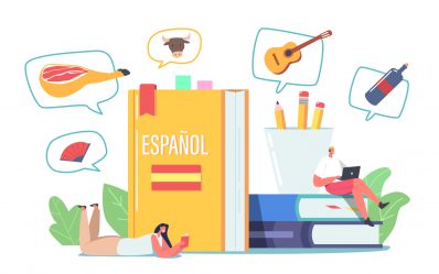 Students Characters Learning Spanish, Foreign Language Course. Tiny Characters at Huge Textbooks Read and Listen Classes, Webinar, Online Education, Espanol Lesson. Cartoon People Vector Illustration